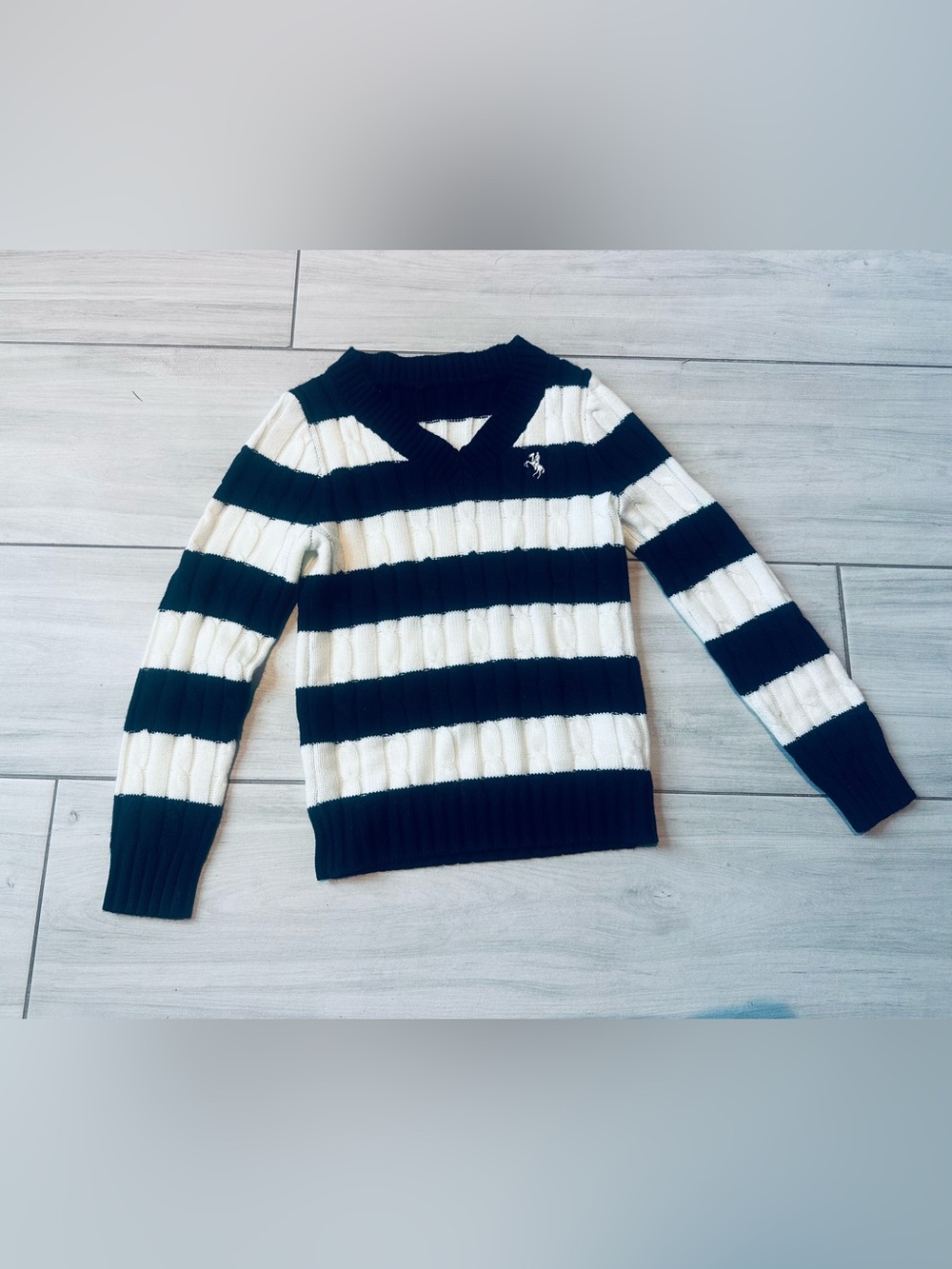 SHEIN Black & White Striped V-Neck Cable Knit Sweater